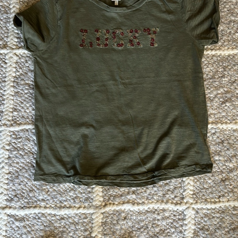 Lucky Brand Olive Tee with Floral Embroidery